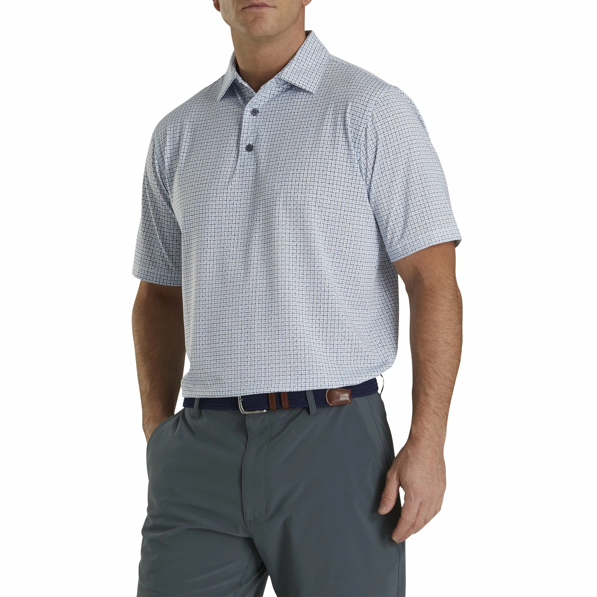 FootJoy Lisle Open Weave Print Self Collar White Mens Golf Polo 1 FootJoy Lisle Open Weave Print Self Collar White Mens Golf Polo