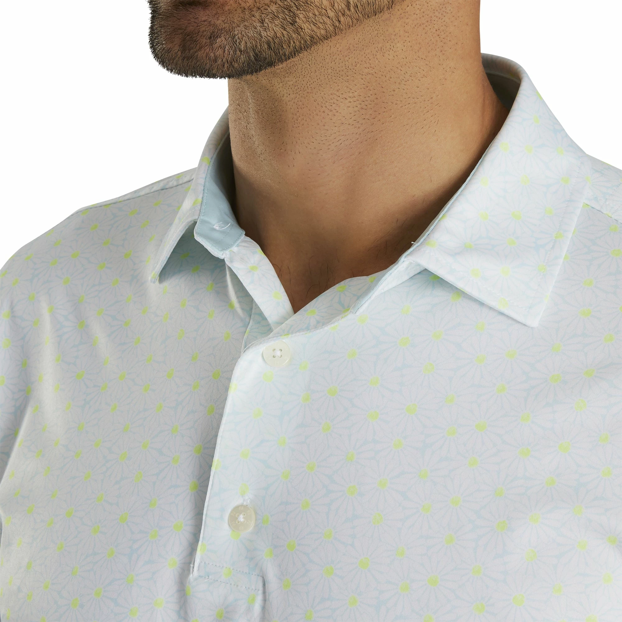 FootJoy Daisy Print Lisle Ice Blue Mens Golf Polo 3 FootJoy Daisy Print Lisle Ice Blue Mens Golf Polo - Image 3