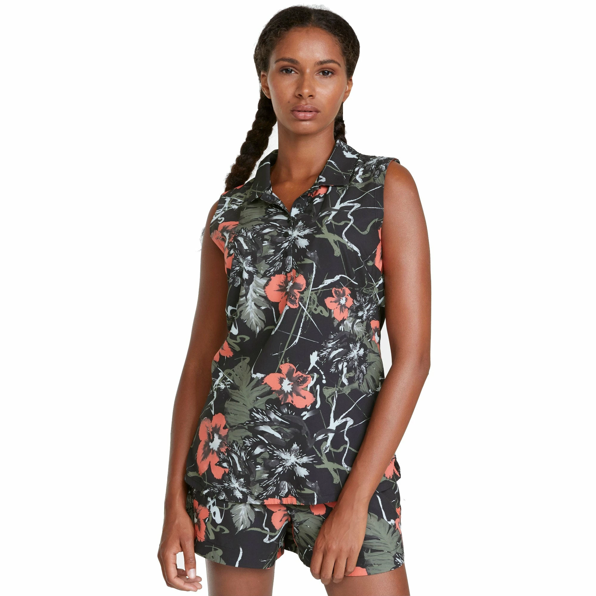 PUMA Golf Puma Nassau Black Hot Coral Womens Sleeveless Golf Polo 1 PUMA Golf Puma Nassau Black Hot Coral Womens Sleeveless Golf Polo